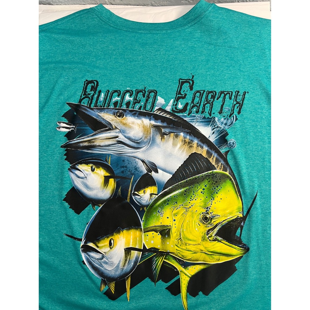 Rugged Earth Outfitters Mens XL Fishing Shirt Long Sleeve Teal Graphic Fish‎ Tee